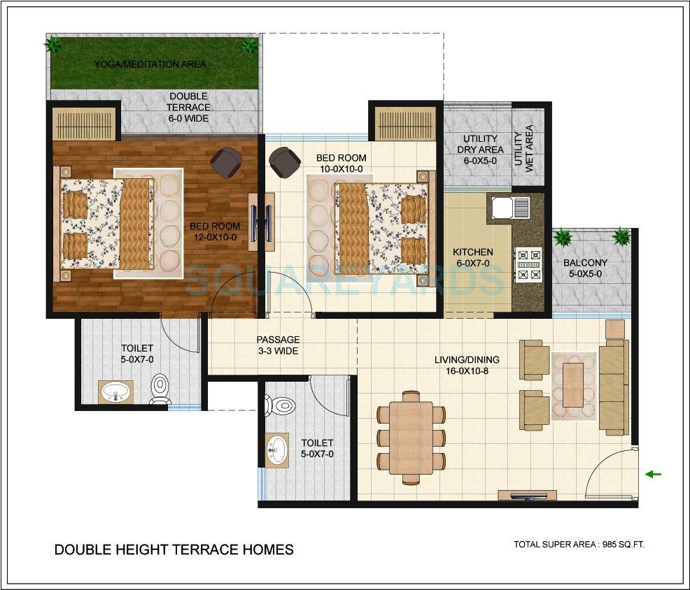 Floor plan of 2 BHK 985 Sq. Ft. Apartment in Antriksh Golf Link, Greater Noida