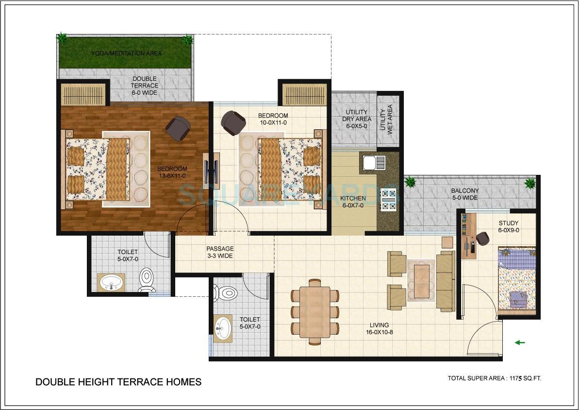 Floor plan of 2 BHK 1175 Sq. Ft. Apartment in Antriksh Golf Link, Greater Noida