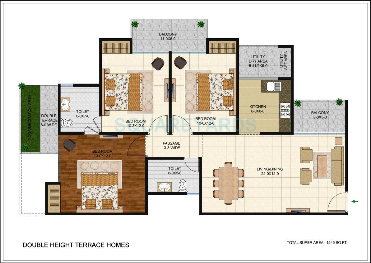 Floor plan of 3 BHK 1545 Sq. Ft. Apartment in Antriksh Golf Link, Greater Noida