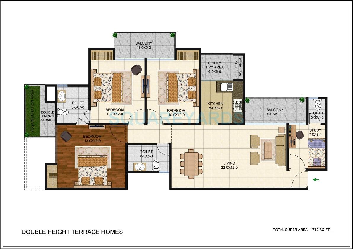 Floor plan of 3 BHK 1710 Sq. Ft. Apartment in Antriksh Golf Link, Greater Noida