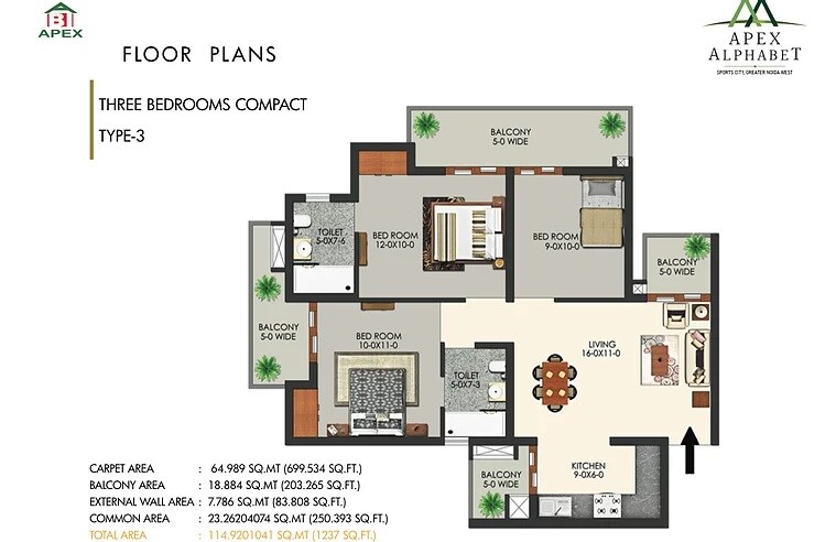 Floor plan of 3 BHK 1237 Sq. Ft. Apartment in Apex Alphabet, Greater Noida