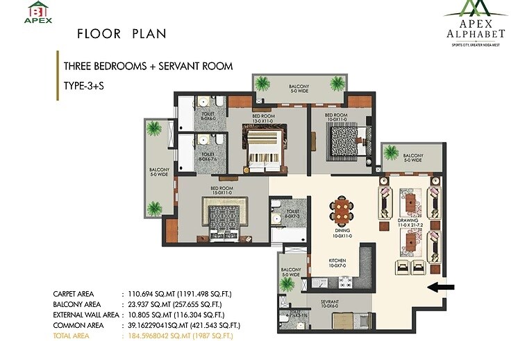 Floor plan of 3 BHK 1987 Sq. Ft. Apartment in Apex Alphabet, Greater Noida