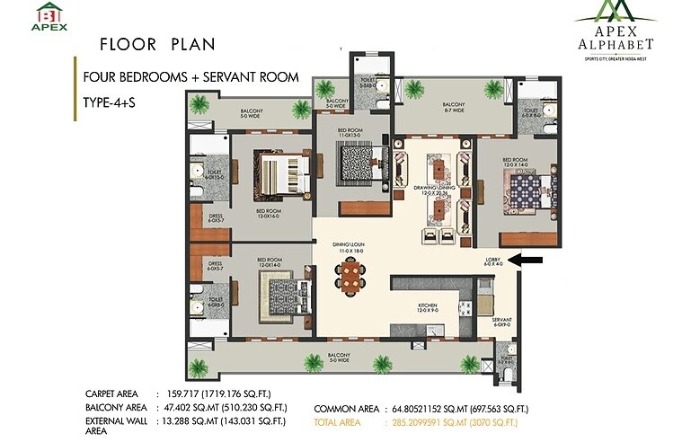 Floor plan of 4 BHK 3070 Sq. Ft. Apartment in Apex Alphabet, Greater Noida