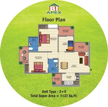 Floor plan of 2 BHK 1137 Sq. Ft. Apartment in Apex Golf Avenue, Greater Noida