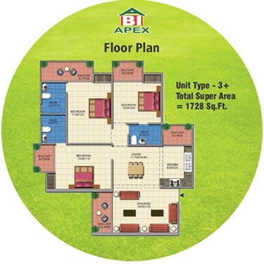 Floor plan of 3 BHK 1728 Sq. Ft. Apartment in Apex Golf Avenue, Greater Noida