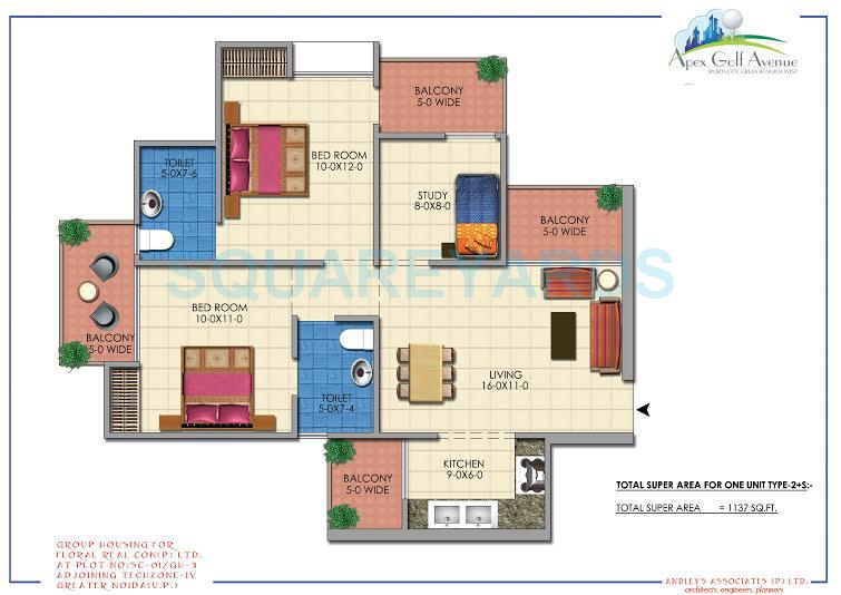 Floor plan of 2 BHK 1137 Sq. Ft. Apartment in Apex Golf Avenue Sports City, Greater Noida