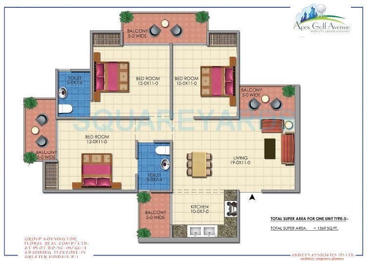 Floor plan of 3 BHK 1369 Sq. Ft. Apartment in Apex Golf Avenue Sports City, Greater Noida