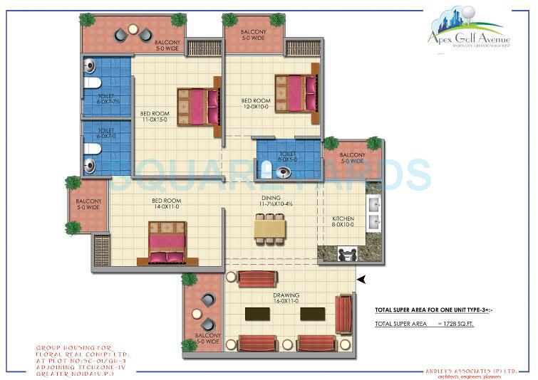 Floor plan of 3 BHK 1728 Sq. Ft. Apartment in Apex Golf Avenue Sports City, Greater Noida