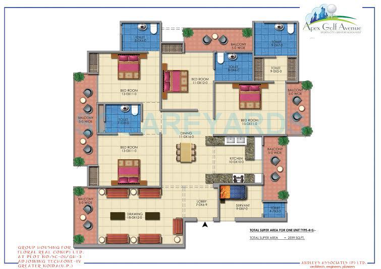 Floor plan of 4 BHK 2599 Sq. Ft. Apartment in Apex Golf Avenue Sports City, Greater Noida