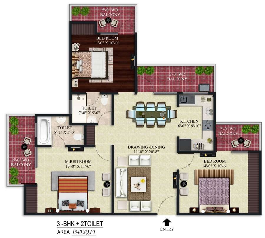 3 BHK 1540 Sq. Ft. Apartment in Apple Orchid