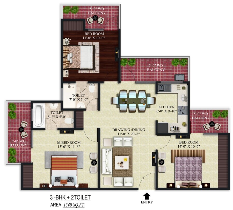 Floor plan of 3 BHK 1540 Sq. Ft. Apartment in Apple Orchid, Greater Noida