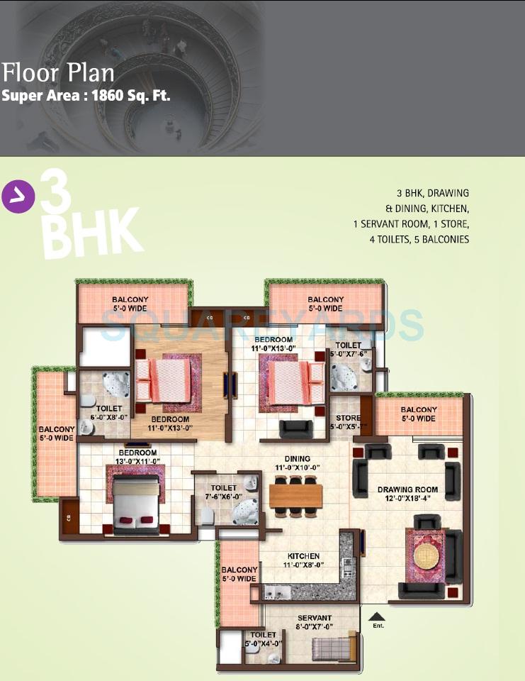 Floor plan of 3 BHK 1860 Sq. Ft. Apartment in Arcmate Samiah Green View II, Greater Noida