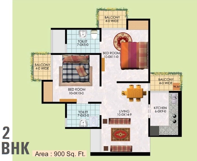 Floor plan of 2 BHK 900 Sq. Ft. Apartment in Arcmate Samiah Green View II, Greater Noida