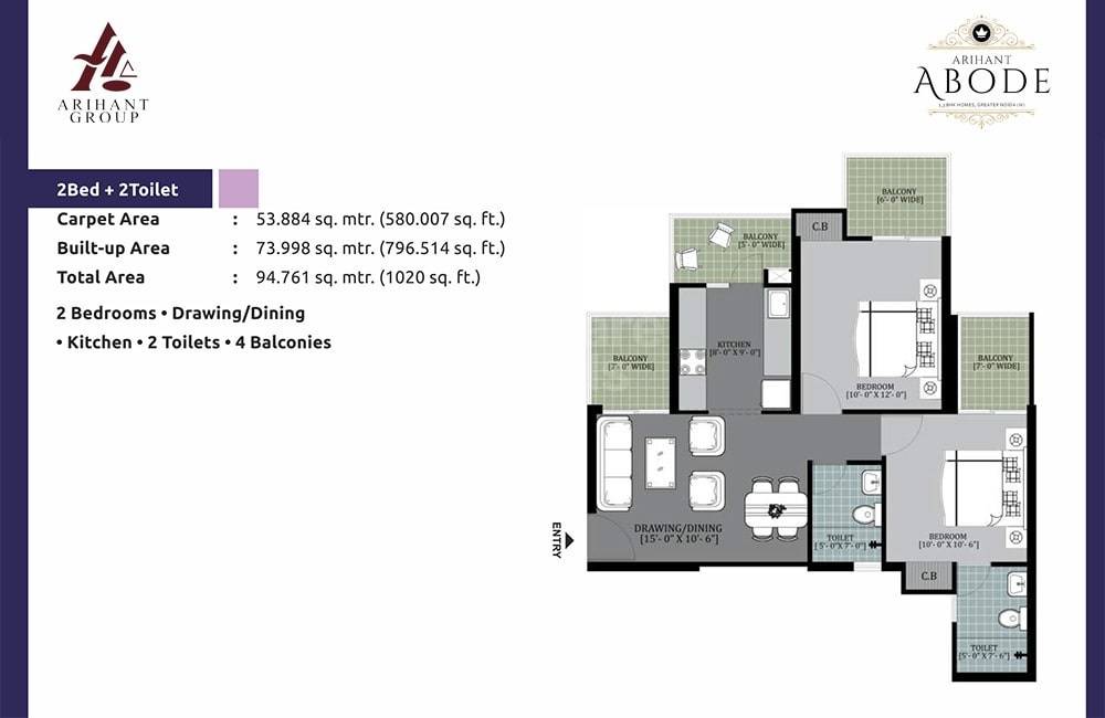 Floor plan of 2 BHK 1020 Sq. Ft. Apartment in Arihant Abode, Greater Noida