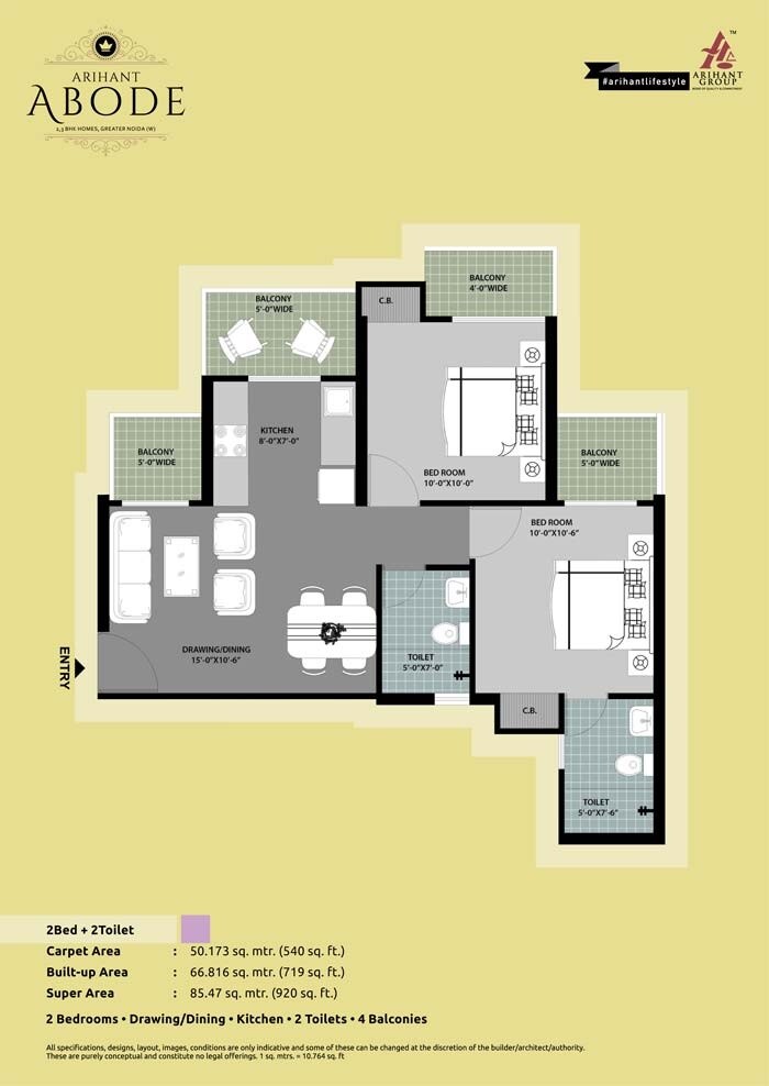 Floor plan of 2 BHK 920 Sq. Ft. Apartment in Arihant Abode, Greater Noida