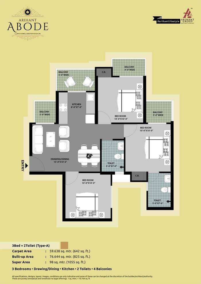 Floor plan of 3 BHK 1055 Sq. Ft. Apartment in Arihant Abode, Greater Noida