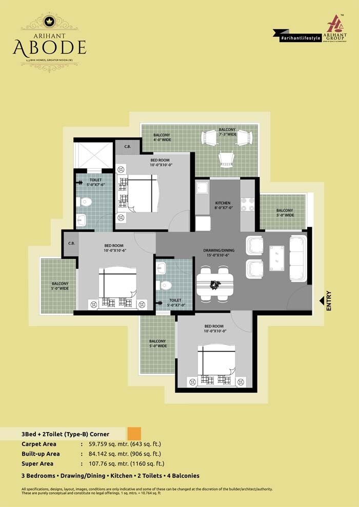 Floor plan of 3 BHK 1160 Sq. Ft. Apartment in Arihant Abode, Greater Noida