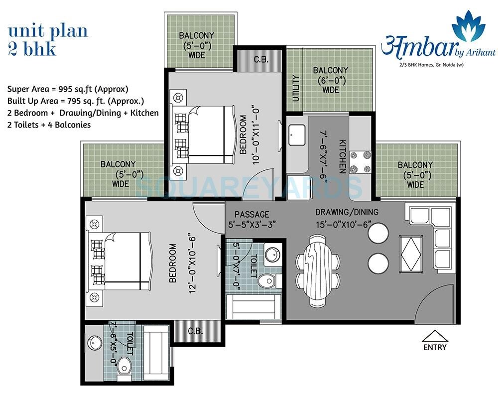 Floor plan of 2 BHK 995 Sq. Ft. Apartment in Arihant Ambar, Greater Noida