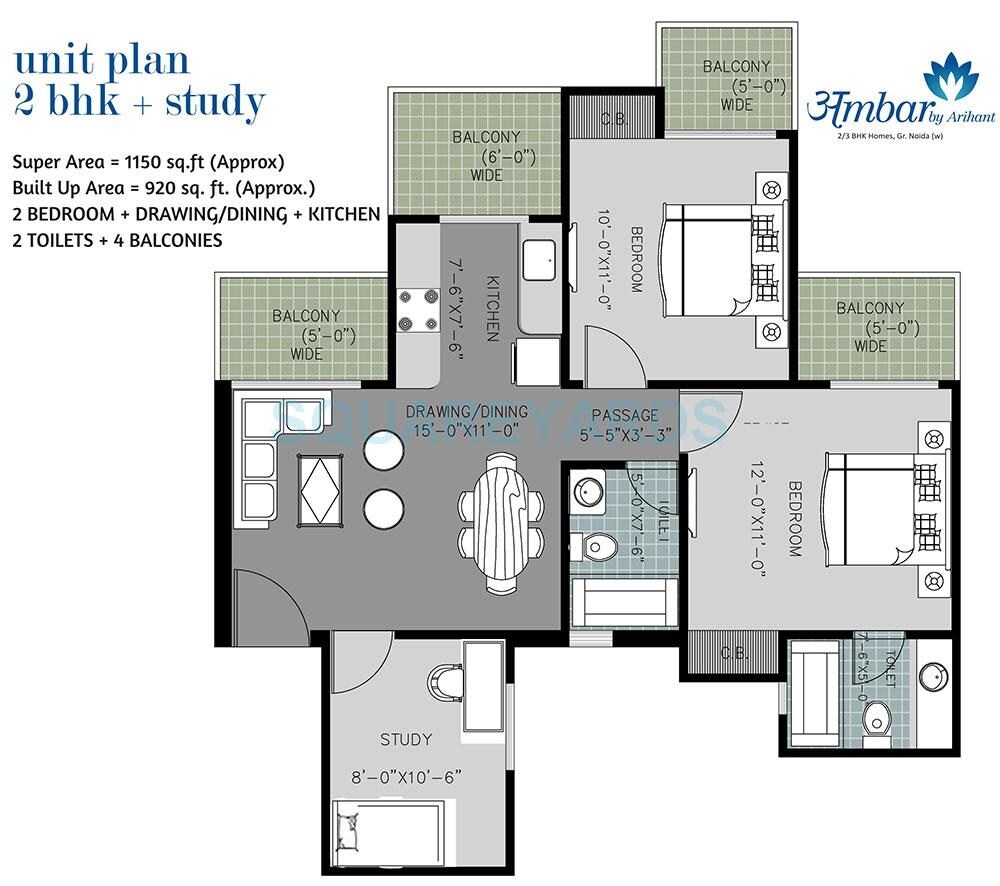 Floor plan of 2 BHK 1150 Sq. Ft. Apartment in Arihant Ambar, Greater Noida