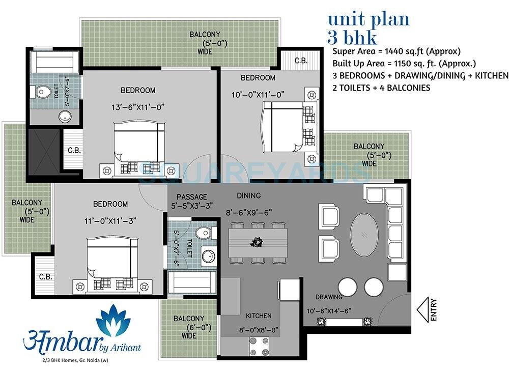 Floor plan of 3 BHK 1440 Sq. Ft. Apartment in Arihant Ambar, Greater Noida