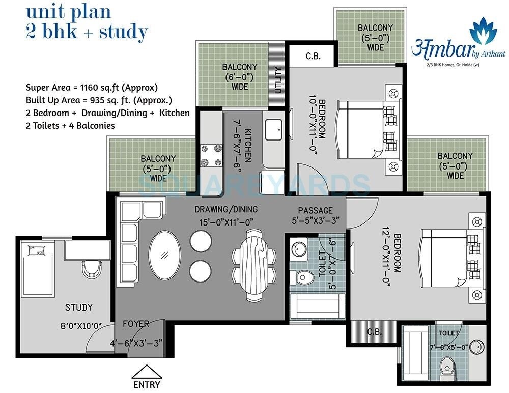 Floor plan of 2 BHK 1160 Sq. Ft. Apartment in Arihant Amber, Greater Noida