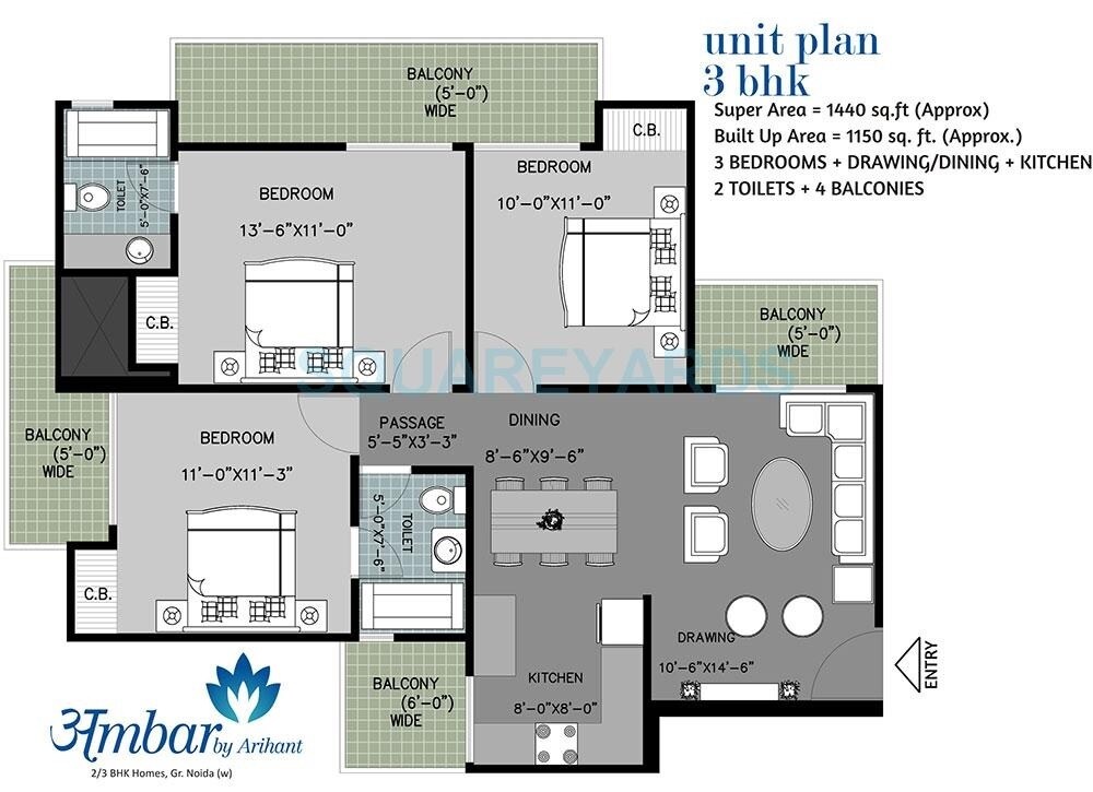 Floor plan of 3 BHK 1440 Sq. Ft. Apartment in Arihant Amber, Greater Noida
