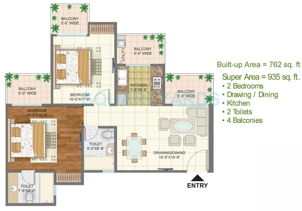 Floor plan of 2 BHK 935 Sq. Ft. Apartment in Arihant Arden, Greater Noida