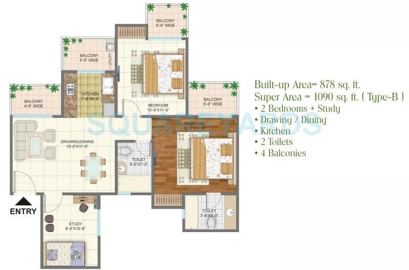 Floor plan of 2 BHK 1090 Sq. Ft. Apartment in Arihant Arden, Greater Noida
