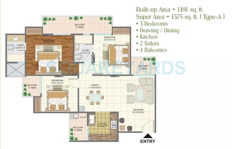 Floor plan of 3 BHK 1375 Sq. Ft. Apartment in Arihant Arden, Greater Noida