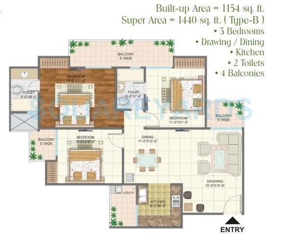Floor plan of 3 BHK 1440 Sq. Ft. Apartment in Arihant Arden, Greater Noida