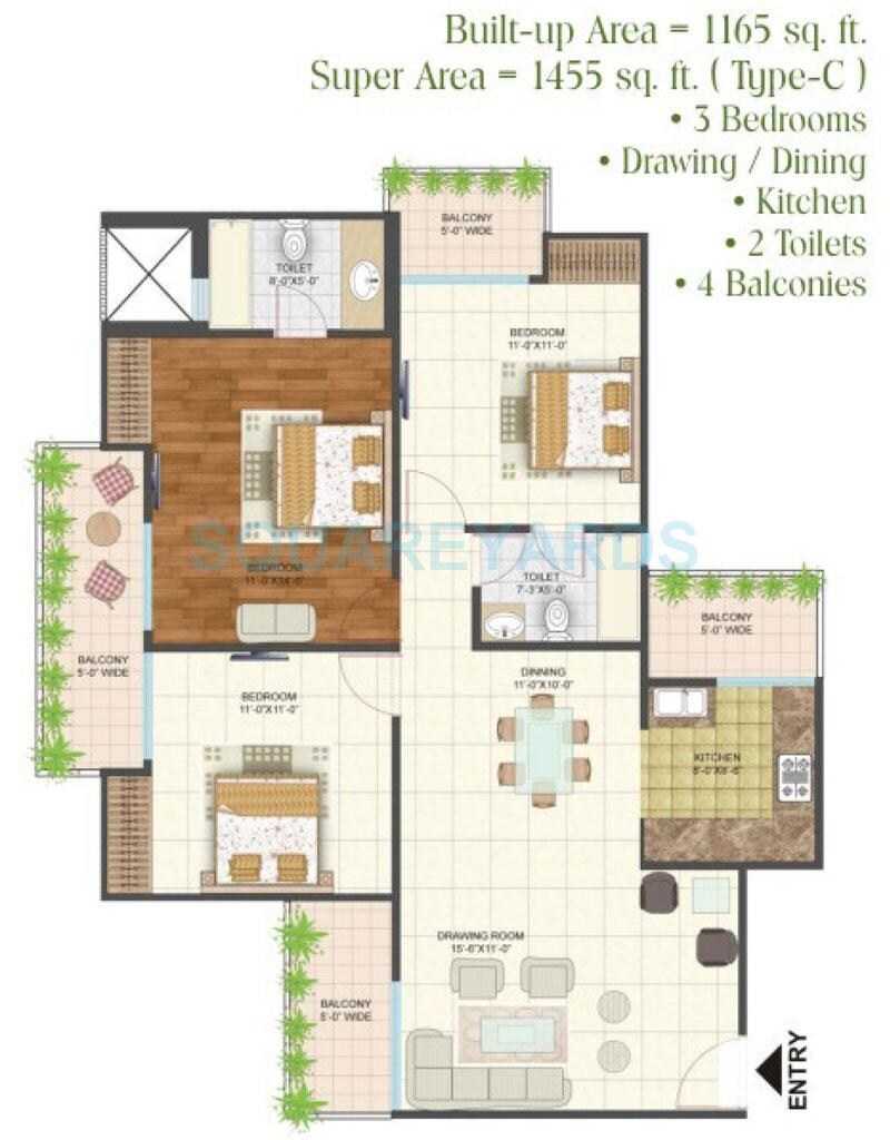 Floor plan of 3 BHK 1455 Sq. Ft. Apartment in Arihant Arden, Greater Noida
