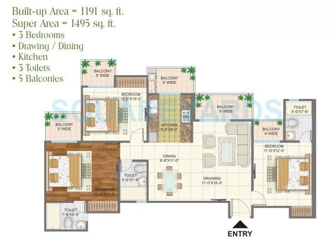 Floor plan of 3 BHK 1495 Sq. Ft. Apartment in Arihant Arden, Greater Noida