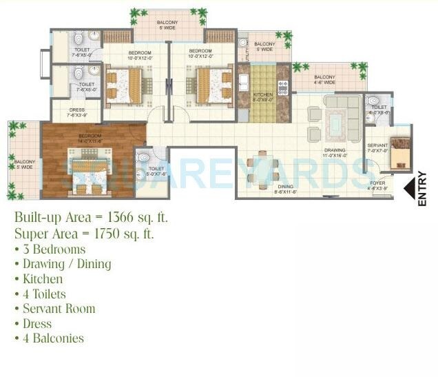 Floor plan of 3 BHK 1750 Sq. Ft. Apartment in Arihant Arden, Greater Noida