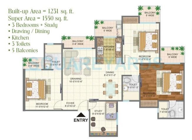 Floor plan of 3 BHK 1550 Sq. Ft. Apartment in Arihant Arden, Greater Noida