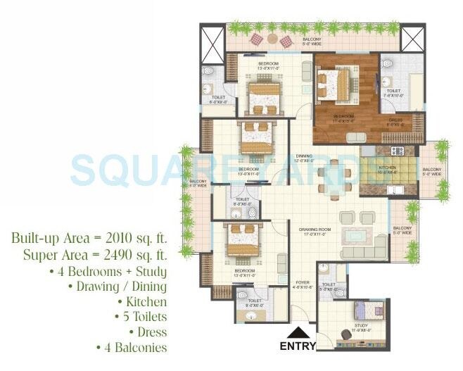 Floor plan of 4 BHK 2490 Sq. Ft. Apartment in Arihant Arden, Greater Noida