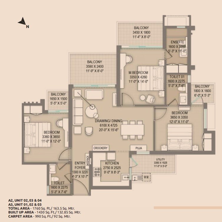 Floor plan of 3 BHK 1760 Sq. Ft. Apartment in Arihant One, Greater Noida