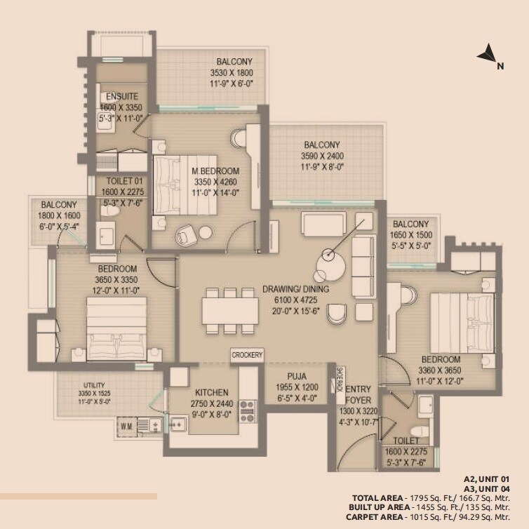 Floor plan of 3 BHK 1795 Sq. Ft. Apartment in Arihant One, Greater Noida