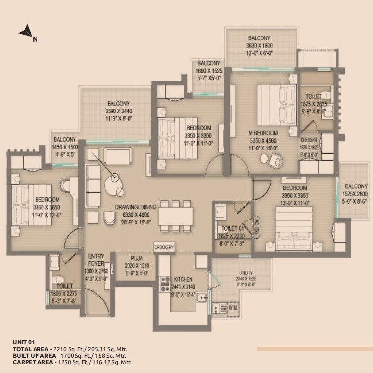 Floor plan of 4 BHK 2210 Sq. Ft. Apartment in Arihant One, Greater Noida