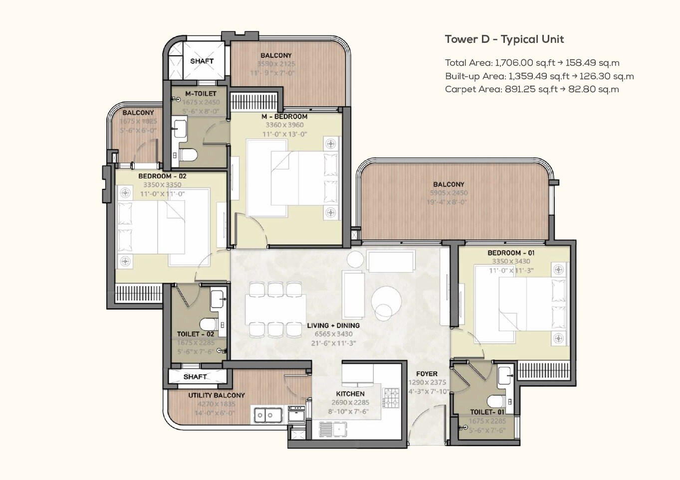 Floor plan of 3 BHK 1706 Sq. Ft. Apartment in Arihant Seasons, Greater Noida