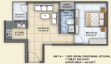 Floor plan of 1 BHK 480 Sq. Ft. Apartment in Arsh Green Heights, Greater Noida