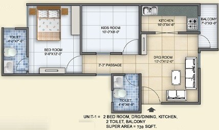 Floor plan of 2 BHK 720 Sq. Ft. Apartment in Arsh Green Heights, Greater Noida