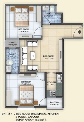 Floor plan of 2 BHK 804 Sq. Ft. Apartment in Arsh Green Heights, Greater Noida