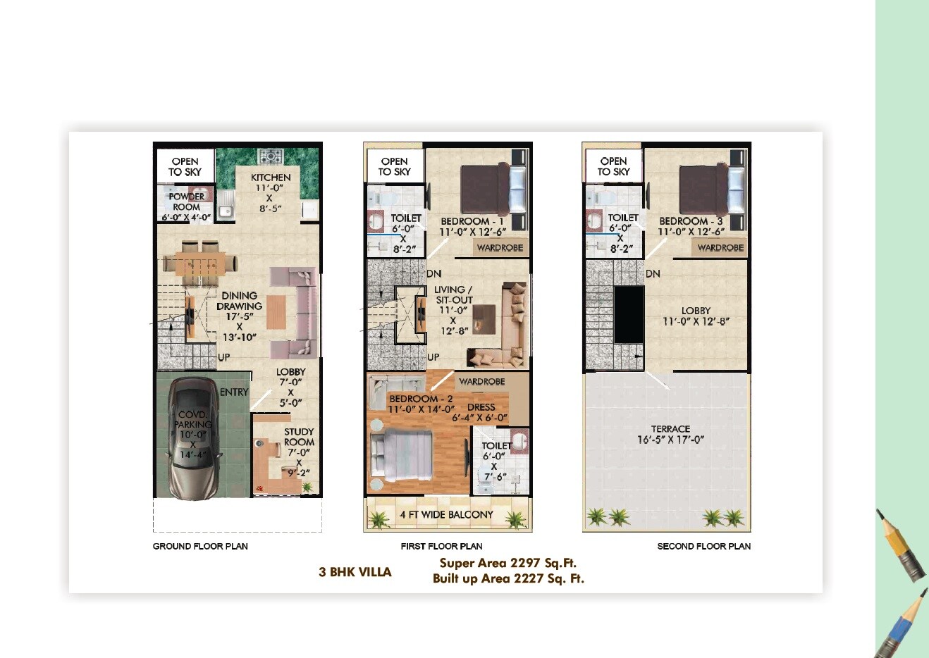 Floor plan of 3 BHK 2297 Sq. Ft. Villa in Ashoka NCR Green Extension, Greater Noida