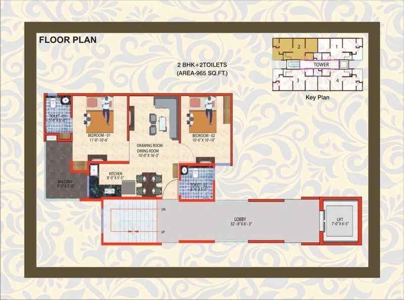Floor plan of 2 BHK 965 Sq. Ft. Apartment in Ashoka NCR Green Extension, Greater Noida