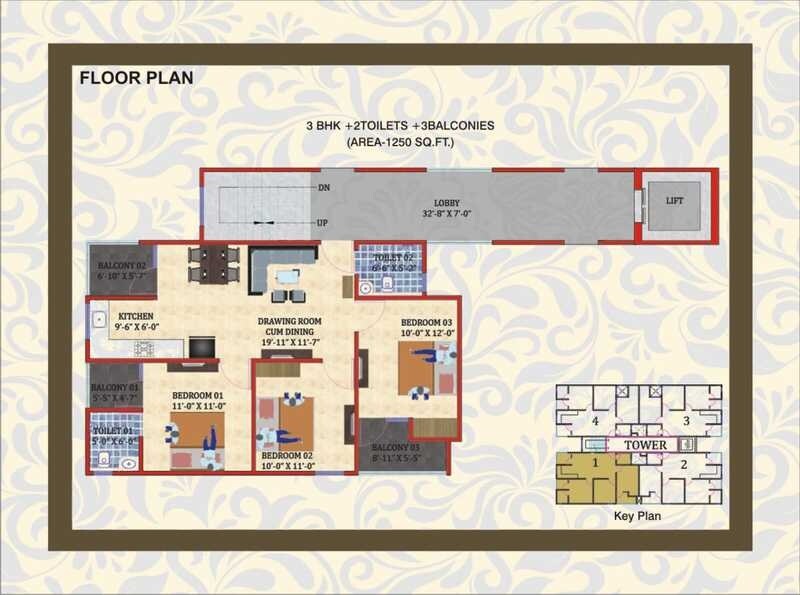 Floor plan of 3 BHK 1250 Sq. Ft. Apartment in Ashoka NCR Green Extension, Greater Noida
