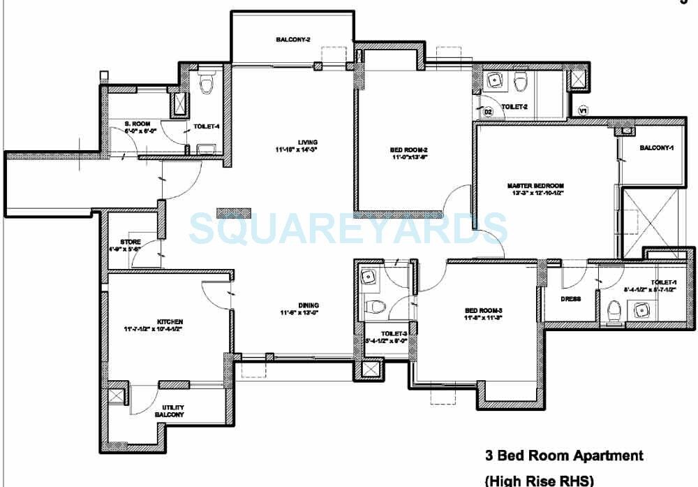 Floor plan of 3 BHK 1993 Sq. Ft. Apartment in Assotech Springfields, Greater Noida