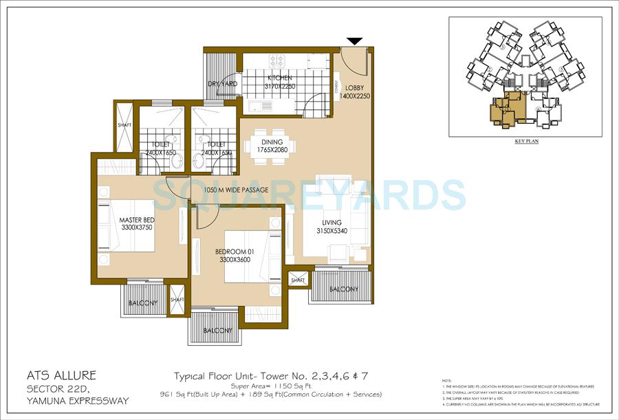 Floor plan of 2 BHK 1150 Sq. Ft. Apartment in ATS Allure, Greater Noida
