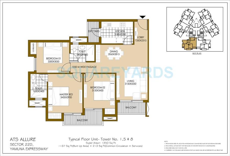 Floor plan of 3 BHK 1350 Sq. Ft. Apartment in ATS Allure, Greater Noida