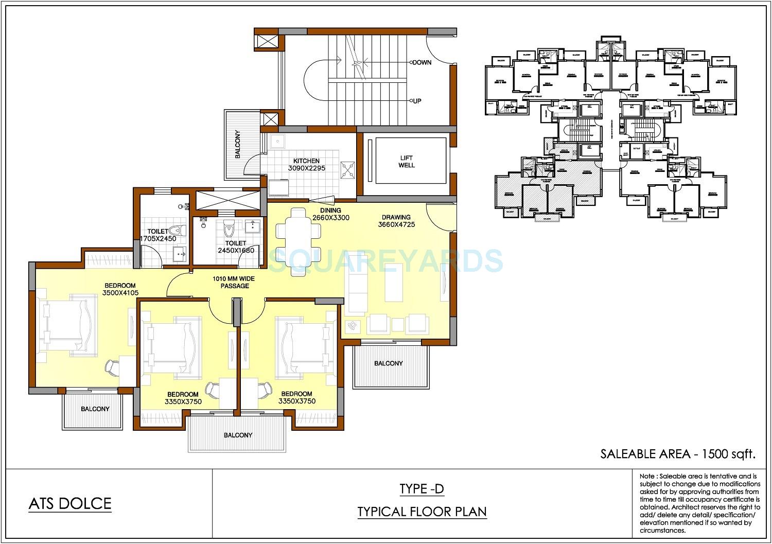 Floor plan of 3 BHK 1500 Sq. Ft. Apartment in ATS Dolce, Greater Noida