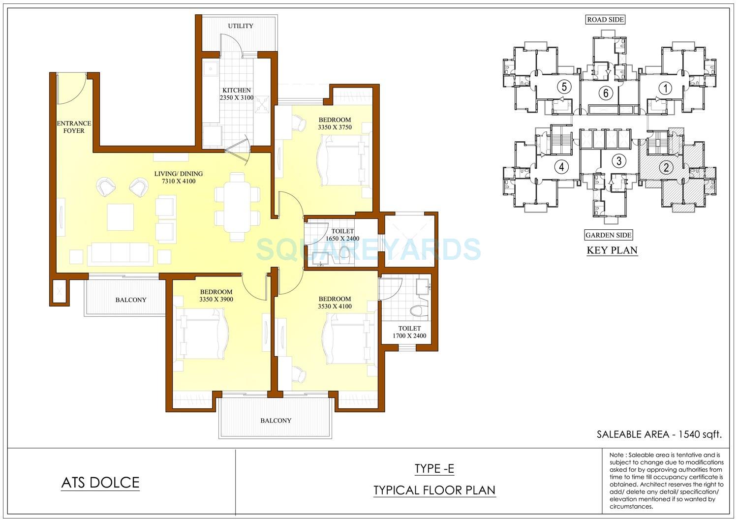 Floor plan of 3 BHK 1540 Sq. Ft. Apartment in ATS Dolce, Greater Noida